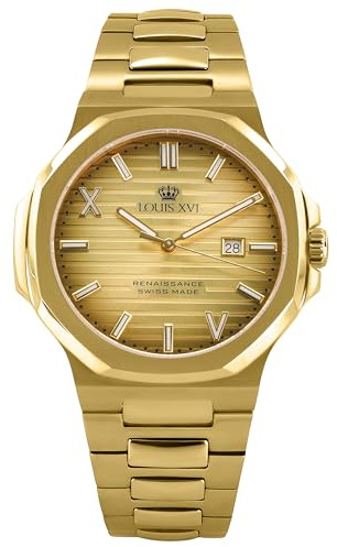 LOUIS XVI Renaissance 1600 - Ø 40 mm - orologio da uomo - impermeabile - orologio con vetro zaffiro - bracciale oro - quadrante oro - movimento al quarzo svizzero, gold, Vintage, con elementi classici