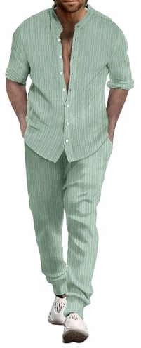 Junger Herrenanzug Slim Fit Herren Sommer Atmungsaktiv Zwei gerollte Ärmel Hemd Hose Set Herren Sportbekleidung Herren Zweiteilige Sportbekleidung, mintgrün, S