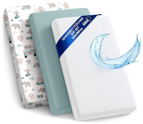 Sábanas Ajustables para Cochecito de bebé Juego de 3: 60x120 cm - 2 sábanas + 1 Protector de colchón Impermeable - Accesorios para Cuna de bebé y minicuna 60 x 120