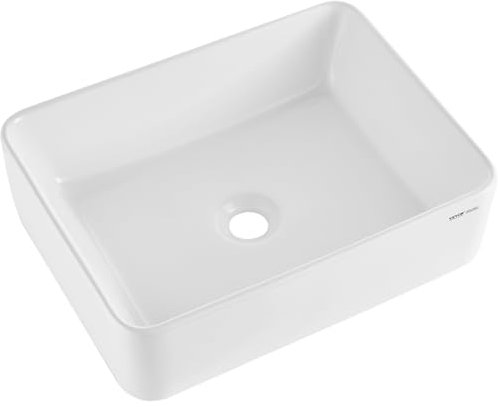 VEVOR Lavabo rectangulaire, 482 x 373 mm, vasque à poser en céramique blanche au-dessus du comptoir, style moderne, lumineux et élégant, bien emballé pour salle de bain, hôtel, toilettes, camping-car