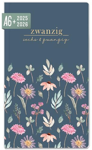 Häfft® Monatskalender 2025/2026 A6+ Slim Flying Flowers 1 Monat auf 2 Seiten, Taschenkalender für 17 Monate: Aug. 25 - Dez. 26, Monatsplaner klein - nachhaltig & klimafreundlich