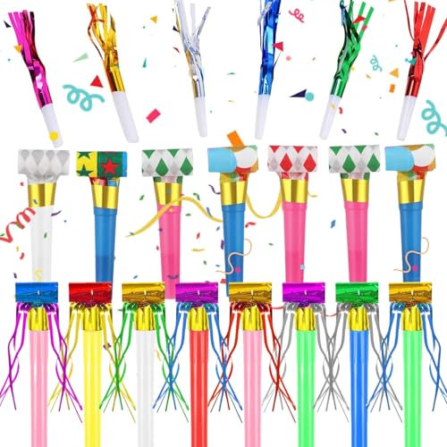 Party Blowers, Party Blowers for Adults Kids, 36 Pcs Colourful Party Noise Maker and Fringed Blowers Set, Party Whistles for Birthday Carnival New Years Christmas Party, for 14+ Years Old