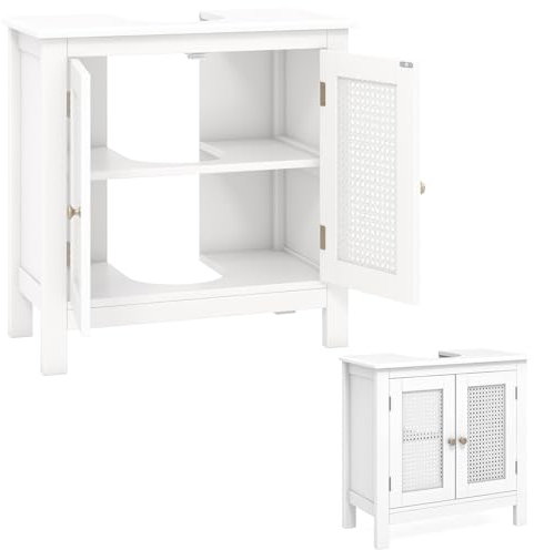 LIFEZEAL Meuble sous Lavabo Salle de Bain avec Trou 18x23 cm, Meuble sous Évier avec Placard 2 Portes en Rotin PE, Rangement sous Vasque, Armoire sous Lave Main WC, 60x30x60 cm
