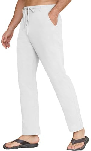 CheChury Pantalones Lino Hombre Verano Pantalones Largos con Bolsillos Casual Pantalone Anchos Pierna Estrecha Cintura Elástica Pantalón Lino Algodón Playa Pantalón Verano Hombre Vacaciones Playa