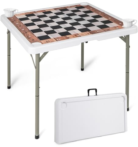 COSTWAY Schackbord hopfällbart, 90 x 90 cm schackspel med avtagbar bordsmatta och 4 mugghållare, bärbart schackbräde med bärhandtag för barn och vuxna, fest, resor