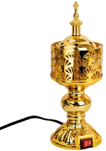 Xisakaca Golden Electric Incense Burner, Arabian Style Electric Incense Holder, Middle Eastern Tabletop Decorative Censer for Yoga Spa Home Office Christian Church Decor, US Plug (Gold)