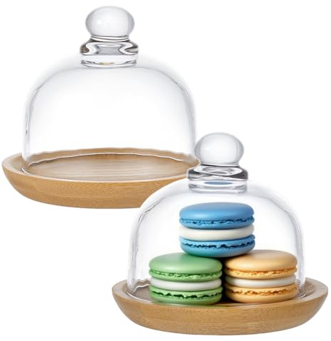 NBEADS 2 Pcs Glass Dessert Dome with Base, Mini Bamboo Cake Cloche Dome Display Cases Bell Jars Cloche Glass Display Server Tray for Kitchen Birthday Party Wedding, 3.15 inch Diameter