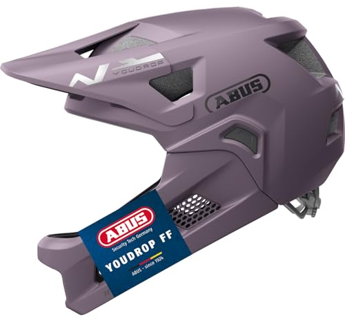 ABUS YouDrop FF - Casco de Bicicleta de montaña para niños y jóvenes, para iniciar el Ciclismo de montaña, con Protector de Barbilla extraíble, Color Morado, Talla S