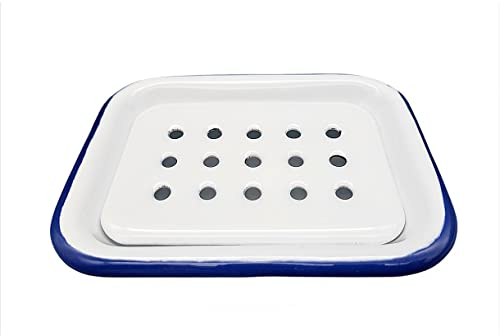 linoows Emaille Seifenschale, Flacher Nostalgie Seifenteller, Emaille weiß- blau
