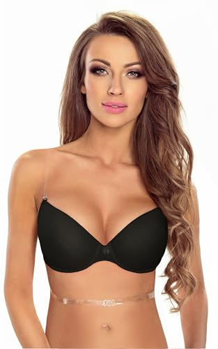 VIVISENCE transparent bh push-up genomskinlig rygglös bh med bygel multiway remmar vadderad osynlig slät mönsterlös 1035, svart, 75B