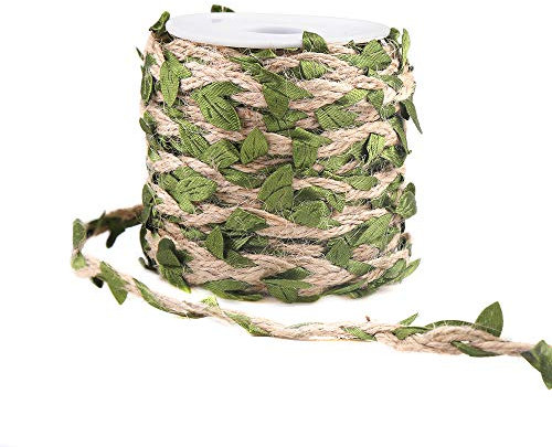 DERAYEE 5MM Burlap Leaf Ribbon,Natural Jute Twine with Artificial Leaves for Art & Crafting Home Packing Decoration