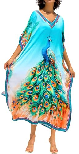 LikeJump Snabbtorkande boho-kaftan, maxi, strandklänning, sommar, bikini, täckande baddräkt, morgonrockar, toppar, gRÖN, en storlek