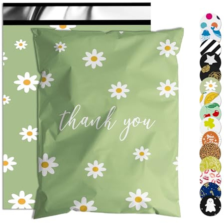 Jowlroel Thank You Poly Mailer 10x13 Inch 100 Pcs, Waterproof and Tear-Resistant Shipping Bags for Clothing, Cute Mailing Bags with Self-Seal, Chrysanthemum Printed Packaging Bags for Small Business