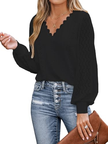 CUPSHE Camicetta da Donna con Pizzo Intagliato e Orlo Smerlato, Maniche Lunghe in Pizzo, Scollo a V, Polsini a Fascia, Elegante e Chic, Nero, M