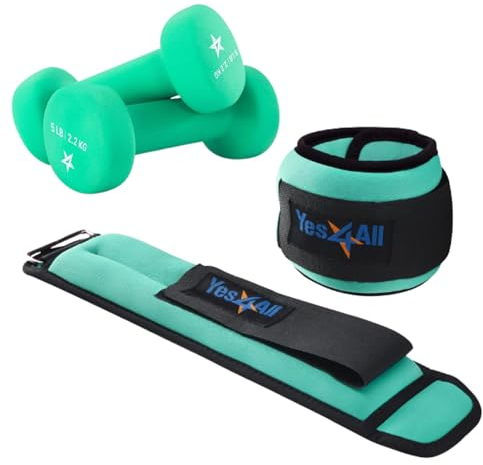 Yes4All Workout Gewichte Sets: Knöchelgewichte (1,1 kg Paar) mit verstellbarem Gurt und Neopren beschichtete Hantel Handgewichte (2,3 kg Paar) - für Frauen & Männer beim Laufen, Aerobic, Cardio