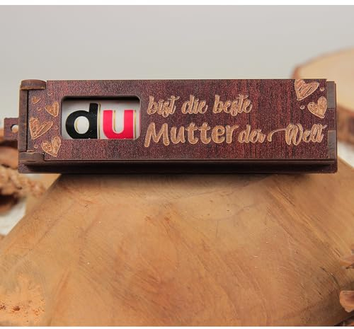 Urhome Geschenkbox Du bist die beste Mutter Gravur mit Duplo Schokoriegel - Herzen Holz Box mit Spruch inkl. Schokolade Riegel - Danke Mama Geschenk graviert Dunkel Braun