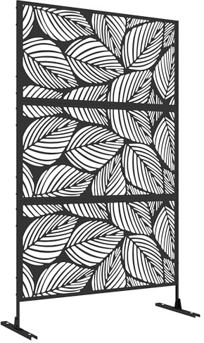 Outsunny Biombo de Exterior Separador de Ambientes con 3 Piezas Patrón de Hoja Grande y Marco de Acero Pantalla de Privacidad para Patio Terraza Jardín 122x45x198 cm Negro