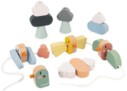 Janod - Sweet Cocoon Threading Beads - 21 Bird, Wing & Cloud Beads - Develops Fine Motor Skills - FSC Wood Toy - Early-Learning Game - 24 Months +, J04050