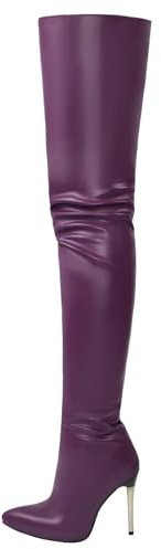 FGRID Cuissardes en cuir verni pour femmes, talons aiguilles sexy au-dessus du genou, bottes longues de soirée à bout pointu en PU avec fermeture éclair latérale grande taille,Violet,38