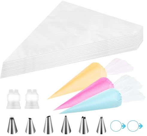 VFANDV Spritzbeutel Einweg,100 Stück Spritzbeutel mit 6 Verschiedenen Edelstahl Spritztüllen 2 Adapter 2 Zwei Gummibänder Spritzbeutel Set für Gebäck Keksen Torten Geeignet Kuchen (20 x 30CM)
