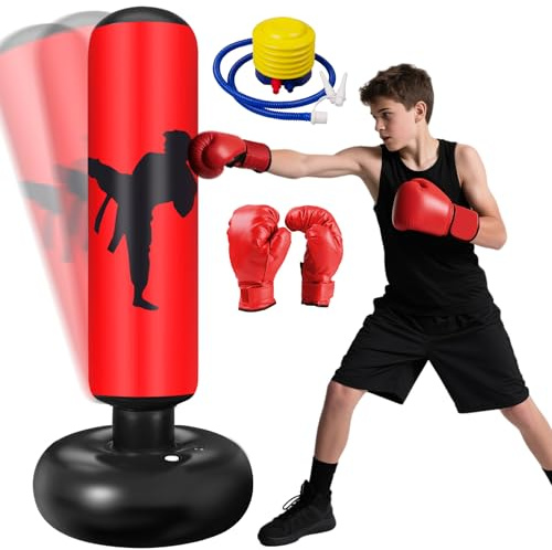 Ninonly Saco Boxeo Niños 160cm con Guantes y Bomba Punching Ball Boxeo Niño Ideal Karate, Kickboxing, Equipo de Boxeo, Saco de Boxeo para Niños Niños y Niñas Rojo Kicking