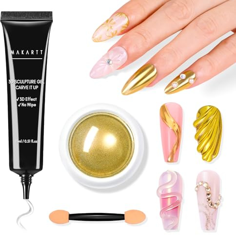 Makartt 3D Nail Gel with Gold Chrome Powder Kit 15ml Mirror Effect | No-Wipe Sculpting Gel with Gold Chrome for Mirror Shine, Ideal for DIY Nail Art & Home Manicure