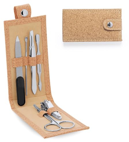 DARNOC Set De Manicura y Pedicura Con Corcho Natural - 6 Piezas - Regalo Para Mujeres y Hombres - Kit Corta Uñas y Cutículas Para Higiene/Aseo Personal De Viaje - Acero Inoxidable Profesional