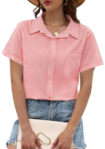 PASUDA Blusas Mujer Verano Camisas Manga Corta Elegante Camisa Cuello en V Túnica Tops Casual Algodon Lino Camisetas Sueltas Blusa con Botones Color Sólido Shirts