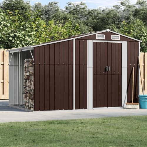 KKHOMEI Casetta da Giardino 277 x 192.5 x 179 cm, con Porta-Legna, Casetta per Attrezzi con Doppie Porte Scorrevoli, Tetto Inclinato, per Porta Attrezzi, Tosaerba, Marrone