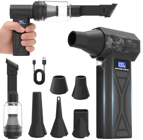 Biftrew Compressed Air Duster, 2 in 1 Air Duster with Dust Suction Nozzle, 150000RPM Compressed Air Vacuum Cleaner for PC/Car, Rechargeable 4-Gear Adjustable Dust Blower with LED Light & Display