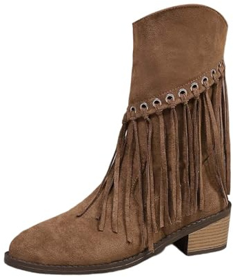 Generisch Botas de media altura con cremallera lateral con flecos 2027 - Botas con cordones estilo occidental para uso diario, marrón, 39 EU