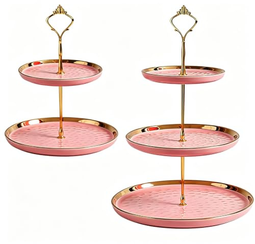 2 Set of Round Porcelain Tiered Cupcake Stand, Dessert Plates Stand Tiered Serving Trays with Gold Rod,3 Tiers and 2 Tiers Cake Stand Party Serving Trays Fruit Pastry Holders