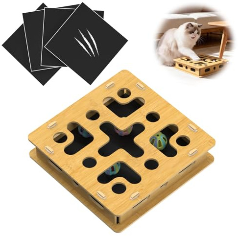 MOXZOLO Grattoir à ongles pour chat avec tampons en papier de verre et 4 boules cloches, griffoir à ongles en bois robuste pour limer les ongles, jouet pour chats motivés au traitement, anneaux de