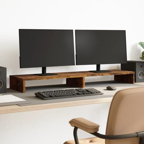 Runheo Monitorställ rökek av trämaterial för två bildskärmar, 100 x 27 x 10 cm, 25 kg lastkapacitet och ergonomiskt skrivbordsfäste för kontor, hemmakontor och spel