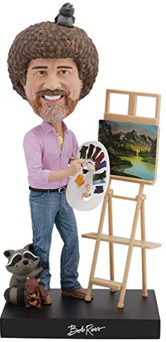 Royal Bobbles - Wackelkopffigur Bob Ross - mit Abnehmbarer Staffelei & Einer Auswahl aus 5 Gemälden