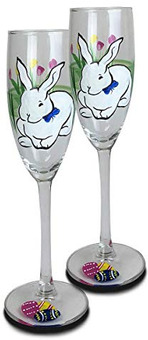 Golden Hill Studio Easter Hand Painted Champagne Flute Glasses - Set of 2 - Bunny and Tulips Easter Glassware Collection - Hand Painted Glassware by USA Artists - Easter Table Décor