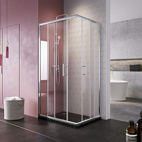 SIRHONA Duschkabin skjutdörr hörndusch ingång 80 x 90 x 185 cm dubbel skjutdörr duschkabin 5 mm glas duschkabin
