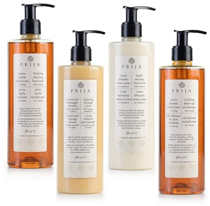 Prija Detergente Mani Vitalizzante, Lozione Massaggi Rilassante, Idratante per Mani e Corpo e Gel Doccia 2 in 1 Vitalizzante e Shampoo Bundle 4 x 380ml