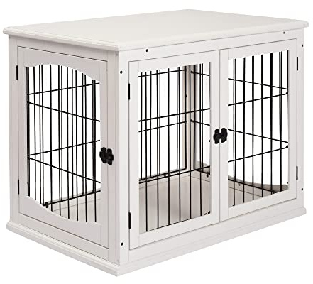 PawHut Dog Crate, Furniture Style Puppy Cage End Table, Pet Kennel House with 3 Doors for Small Dog, White 81 x 58.5 x 66 cm