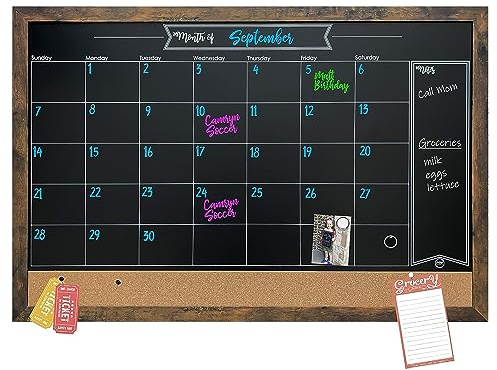 Loddie Doddie Lavagna magnetica con cornice rustica, calendario e bollettino, lavagna combinata, lavagna – calendario – bacheca in sughero. Organizza il tuo spazio