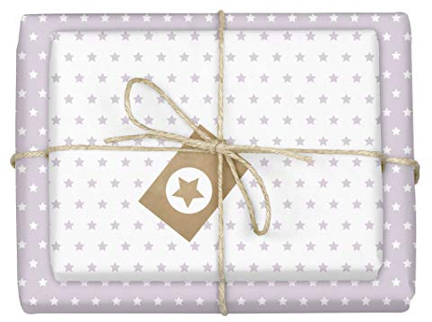 dabelino® Juego de papel de regalo con estrellas (lila pastel/blanco): 4 hojas + 4 colgantes (ecológico, sostenible, lila claro, Navidad, cumpleaños, nacimiento, niña, para cualquier ocasión).