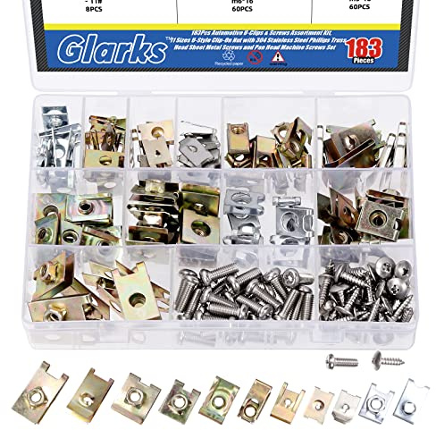 Glarks 183 PCS 11 - size auto U - clip & vis combo Kit, écrou de serrage de voiture en U avec vis cruciforme pour garde - boue moteur pare - chocs tableau de bord panneau intérieur