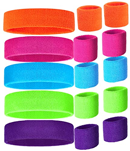 Workout Headbands for Women and Men, 80s Sweatbands for Women with Wristbands Set of 5 Colorful Neon Sweatbands, 80s Headbands, Sports Headband and Wristband Sets