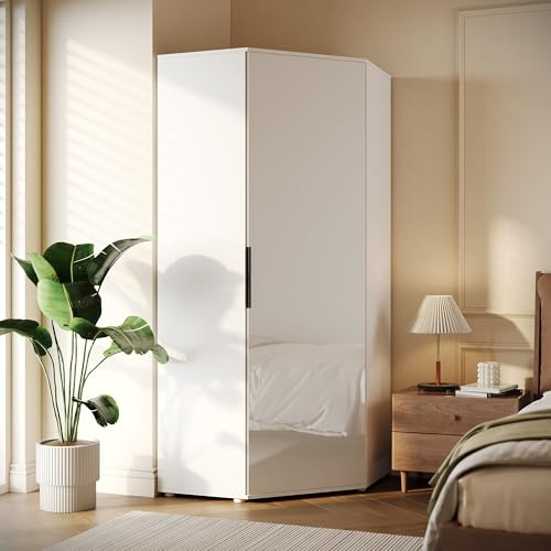 ELEGANT Corner Wardrobe with 2 Hanging Rails and 5 Storage Shelves, Modern White High Gloss & Matt Bedroom Closet Storage, Space Saving Design…