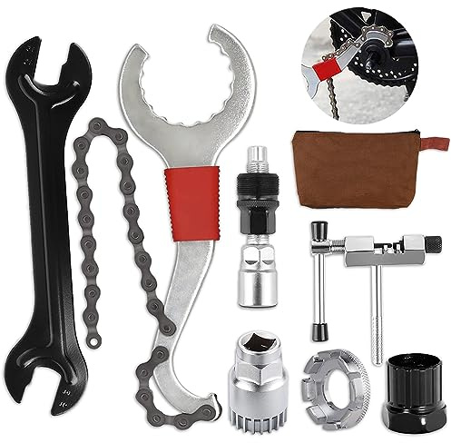Bike Repair Tool Kit 7Pcs,Tool Zipper Pouch,3-in-1 Cassette Remover Wrench,Bike Chain Breaker,Hub Cone Wrenche,Bottom Bracket Remover,Freewheel Remover,Crank Puller Extractor,Spoke Wrench