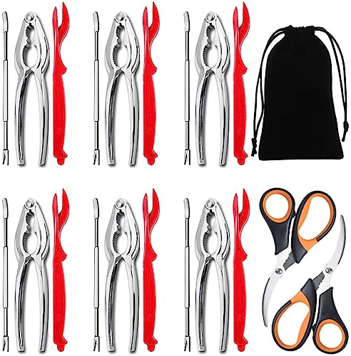 Artcome Juego de 21 herramientas de mariscos – 6 galletas de cangrejo, 6 conchas de langosta, 6 tenedores de cangrejo, 2 tijeras de mariscos y 1 bolsa de almacenamiento