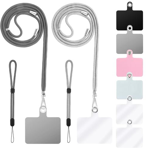 Cobee Cell Phone Lanyard, 2pcs Neck Lanyard + 2pcs Wrist Lanyard Strap + 6pcs Phone Tether Tabs, Nylon Crossbody Lanyard Wristlet Straps PVC Tether Pads for Safety Drop Protection(Dark and Light Gray)