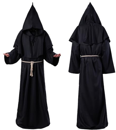 HYDTQCL Costume Monaco, Abito da Monaco, Frate Medievale Abito Talare Costume Mantello con Cappuccio, con Collana a Croce & Corda in Vita, Saio Medievale Costume Carnevale Uomo (S)
