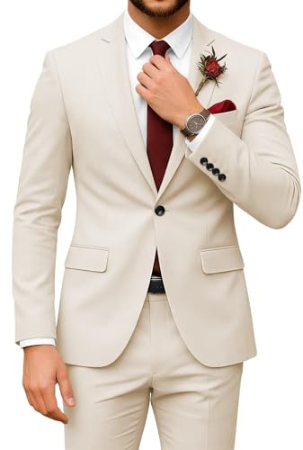 SPTALLFITJSV Costume de Mariage 2 pièces pour Homme - Coupe Droite - Costume d'affaires - Blazer à Un Bouton et Pantalon - Ensemble Smoking, Beige, Taille L
