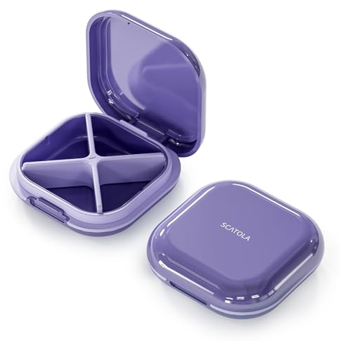 ONTERATE Pastillero Diario Con 4 Compartimentos, Pastillero de Viaje Portátil, Mini Pastillero Para Bolsillo de Bolso, Organizador Compacto de Medicina de Viaje para Vitaminas, Suplementos (Morado)